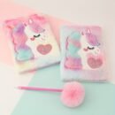 Soft Plush Notebook and Fluffy Pom-Pom Pen Set, Furry A5 Journal with Heart Design, Pastel Pink and Blue Cover, Cute Unicorn Illustration, Ideal for Youngsters' Desk Decor