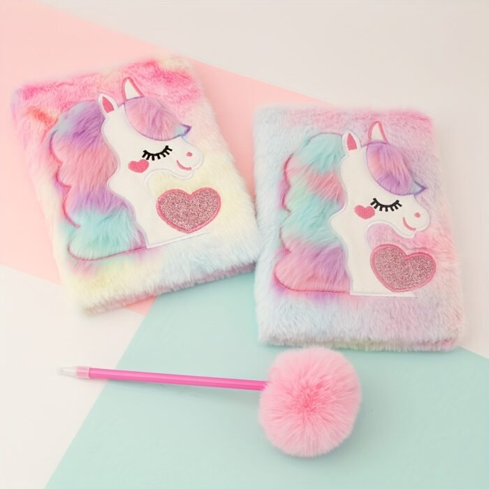 Soft Plush Notebook and Fluffy Pom-Pom Pen Set, Furry A5 Journal with Heart Design, Pastel Pink and Blue Cover, Cute Unicorn Illustration, Ideal for Youngsters' Desk Decor - Image 2
