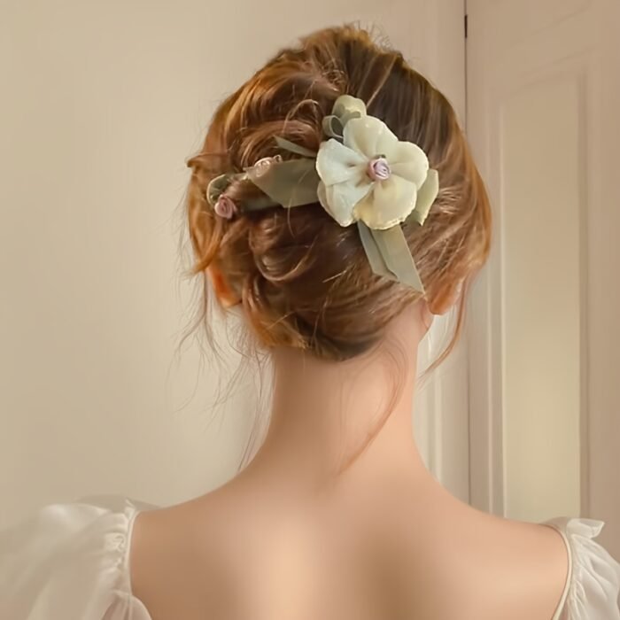 Elegant Fabric Rose Hairpin - Flat Hair Clip with Soft Pink & White Floral Design, Secure Hold for Thick/Thin Hair, Casual & Special Occasions, Comfortable Everyday Hair Accessories, Sophisticated Accessory - Image 3