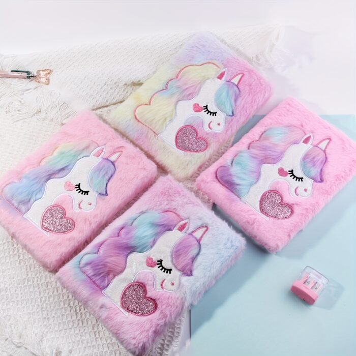 Soft Plush Notebook and Fluffy Pom-Pom Pen Set, Furry A5 Journal with Heart Design, Pastel Pink and Blue Cover, Cute Unicorn Illustration, Ideal for Youngsters' Desk Decor - Image 10