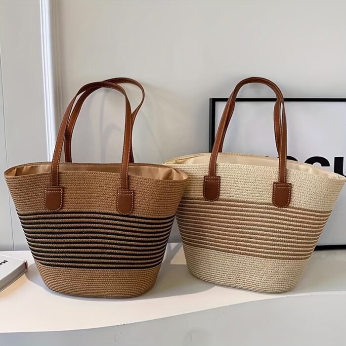 [Elegant Woven Bag] Large Capacity Woven Tote Bag | Women's Beach Shoulder Bag, High-end Feel, 3 Colors to Choose from, Including Beige Brown Striped, Beige Black Striped, Brown Black Stripe - Image 8
