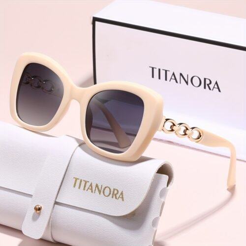 TITANORA Women'S Large Frame Fashion Glasses Chain - Cat Eye Design, Polycarbonate Frame with Metal Hinges, Decorative Eyewear for Casual Attire & Everyday Use, Stylish Accessory, Sleek Eyewear, Durable Eyewear