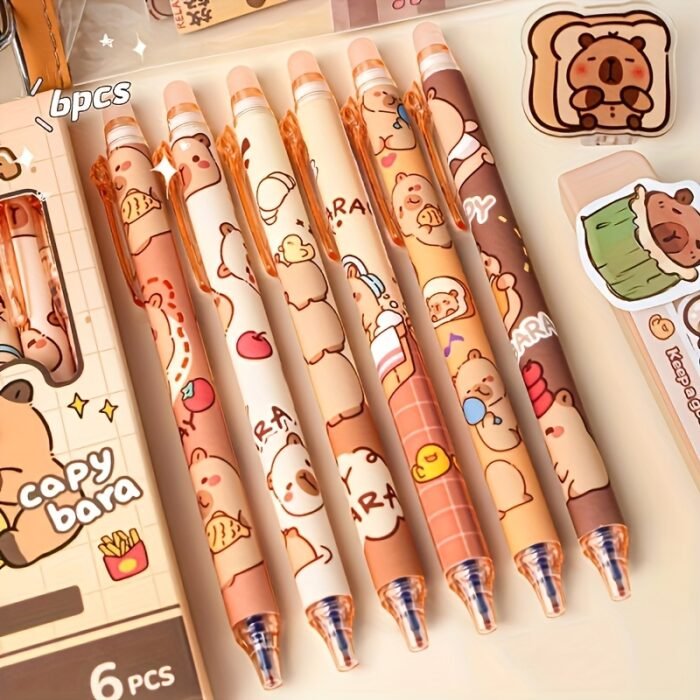 6pcs Set of Capybara Themed Erasable Gel Pens, Blue Ink Retractable Design, Smooth Writing, Fast Drying Office Accessory, Elegant Stationery Pen - Image 3