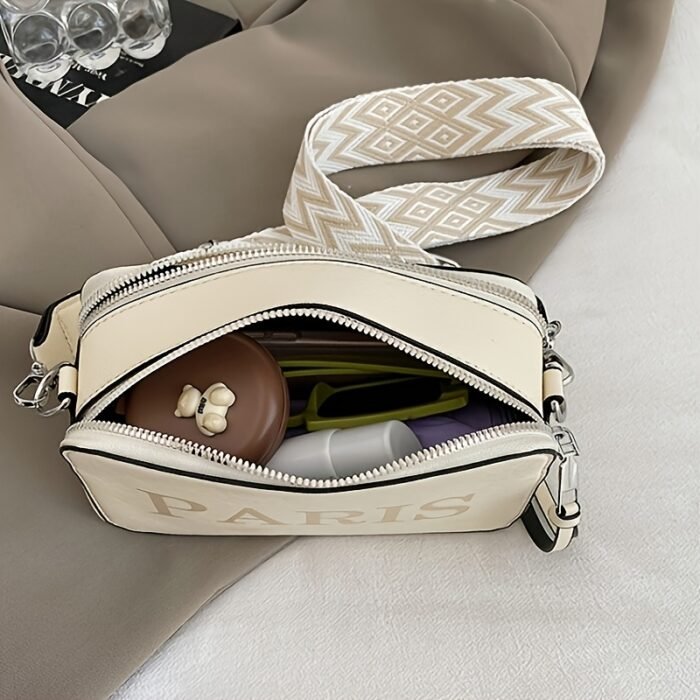 Women's Adjustable Crossbody Bag with Paris Letter Print - Minimalist Shoulder Bag, Zipper Closure & Polyester Lining, Black Casual Everyday Handbag - Image 11