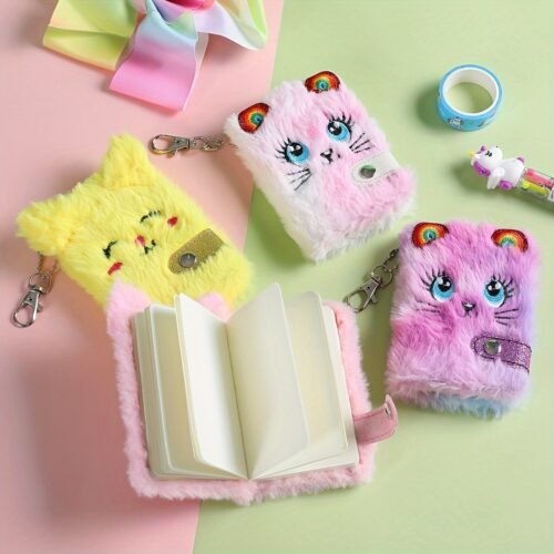 Adorable Plush Cat Journal for Youngsters - Soft Fluffy Cover with Big Eyes & Ears Design, Keychain Backpack Accessory, Writing Notebook (Gingerbread Yellow/Light Purple/Pink) - Educational Gift for Birthdays & Holidays, School Supplies | Cute Animal Design | Durable Keychain, Cat Lover Gifts