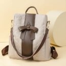 Cross-Border Fashion Backpack, Available in Beige/Black, Size 31×34×15cm, Bow Decoration, Diamond Embossed, Large Capacity Commuter Backpack