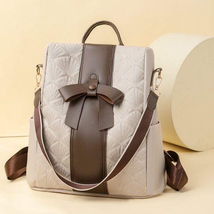 Cross-Border Fashion Backpack, Available in Beige/Black, Size 31×34×15cm, Bow Decoration, Diamond Embossed, Large Capacity Commuter Backpack - Image 7