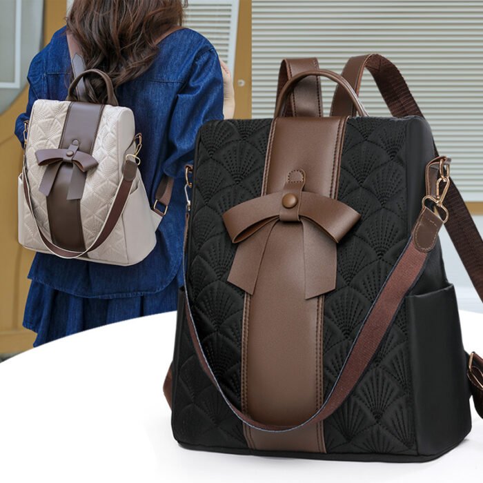 Cross-Border Fashion Backpack, Available in Beige/Black, Size 31×34×15cm, Bow Decoration, Diamond Embossed, Large Capacity Commuter Backpack - Image 2