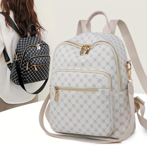 Women's Clover Backpack - Large Capacity, Adjustable Straps, Zip Closure, Geometric Pattern Beige/Black, Casual College Style for Students and Travel