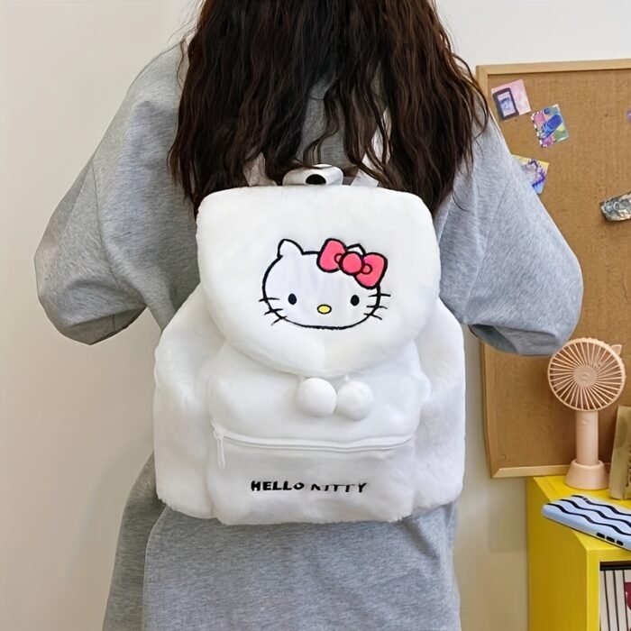 Sanrio Hello Kitty Kuromi Women's Backpack - Cute Cartoon Anime Design, Large Capacity Faux Fur & Polyester Drawstring Closure Bag for College Students, Youthful Casual Style (Purple/Black), Hello Kitty Backpack for, College Student Accessory, Secure Zipper Closure - Image 5