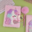 Soft Plush Notebook and Fluffy Pom-Pom Pen Set, Furry A5 Journal with Heart Design, Pastel Pink and Blue Cover, Cute Unicorn Illustration, Ideal for Youngsters' Desk Decor