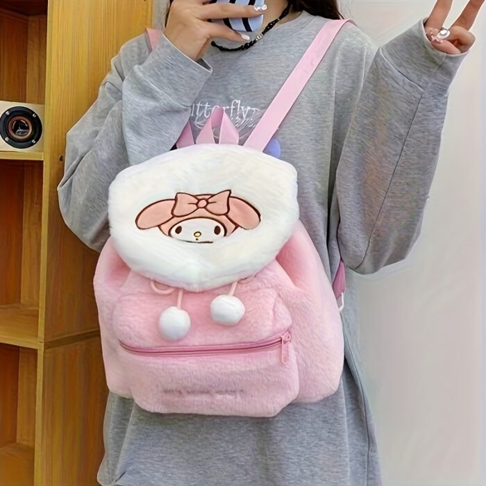 Sanrio Hello Kitty Kuromi Women's Backpack - Cute Cartoon Anime Design, Large Capacity Faux Fur & Polyester Drawstring Closure Bag for College Students, Youthful Casual Style (Purple/Black), Hello Kitty Backpack for, College Student Accessory, Secure Zipper Closure - Image 6