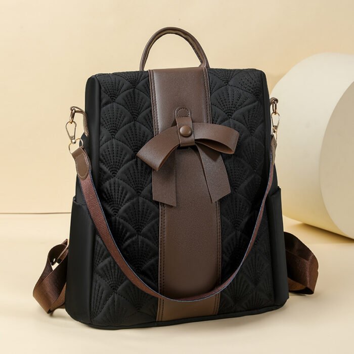 Cross-Border Fashion Backpack, Available in Beige/Black, Size 31×34×15cm, Bow Decoration, Diamond Embossed, Large Capacity Commuter Backpack - Image 8