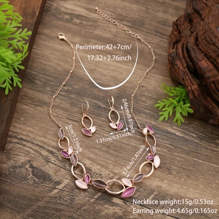 3pcs Handcrafted Enamel Petal Hollow Leaf Necklace + Earrings Set, Elegant and Sophisticated Jewelry for Parties, Festivals, or Music Festivals – Perfect Gift for Valentine's Day, Mother’s Day, Thanksgiving, and Christmas Celebrations - Image 4