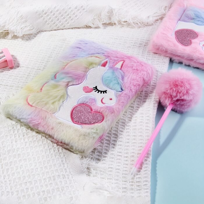 Soft Plush Notebook and Fluffy Pom-Pom Pen Set, Furry A5 Journal with Heart Design, Pastel Pink and Blue Cover, Cute Unicorn Illustration, Ideal for Youngsters' Desk Decor - Image 12