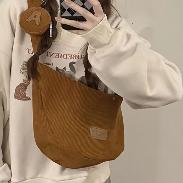 Women'S Casual Corduroy Shoulder Bag - Lightweight, Adjustable Strap, Zipper Closure, Polyester Lining, Edge Paint Detail, Preppy Style, Ideal for Hiking, Cycling, and Everyday Use, Casual Accessory | Casual Style Bag | Lightweight Bag - Image 10