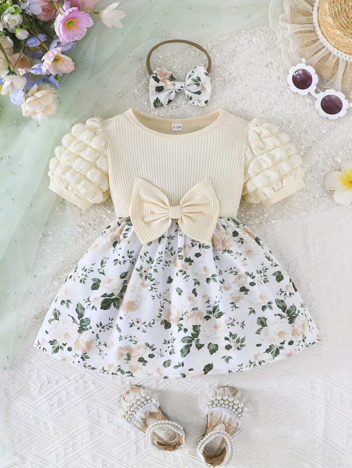 Baby Girl's Summer Floral Print Puff Sleeve Dress with Bow Detail - Lightweight Casual Outfit for Infants, Perfect for Outdoor Play, Holidays & Gift Giving, Baby Girl Dresses, Holiday Infant Wear, Ruffled Sleeve Design, Soft Material, Toddler Clothing - Image 2