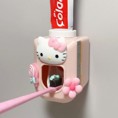 IP Sanrio Hello Kitty Cartoon Cute Wall-Mounted Automatic Toothpaste Dispenser Set with Cute Toothpaste Squeezer