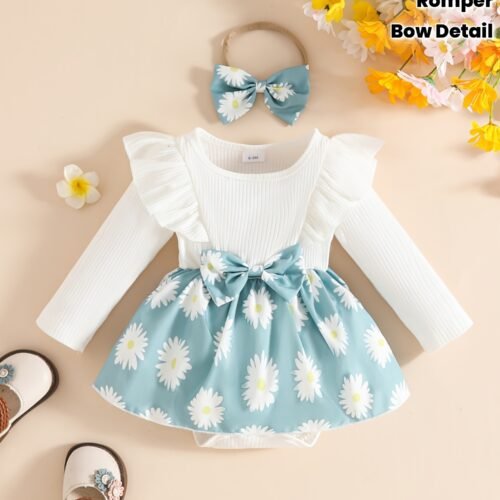 Girl'S Long Sleeve Floral Print Romper with Front Bow Detail - Soft Ruffled Sleeves & Hem, Light Blue & White Daisy Pattern, Snap Closure for Easy Diaper Changes, Perfect for Fall/Winter Outdoor Play, Toddler Girl Outfit, Perfect for Outdoor