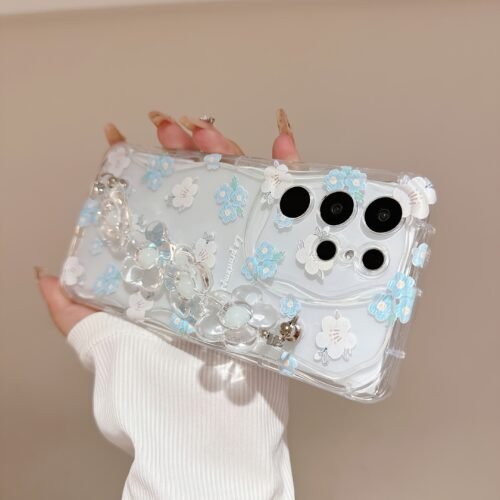 Transparent Blue Floral Lanyard Cute Soft Case Suitable for Galaxy A14/A15/A16/A52/A53/A54/A55/A34/A35/A05S/A24/A25/S20FE/S21/S22/S23/S24/S24Ultra/S24FE/S24Plus/S25/S25Ultra Phone Cover