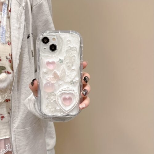 For Iphone Curved Edge Drop Glue Cream Paint Pink Heart-Shaped Butterfly Anti Drop Phone Protective Case