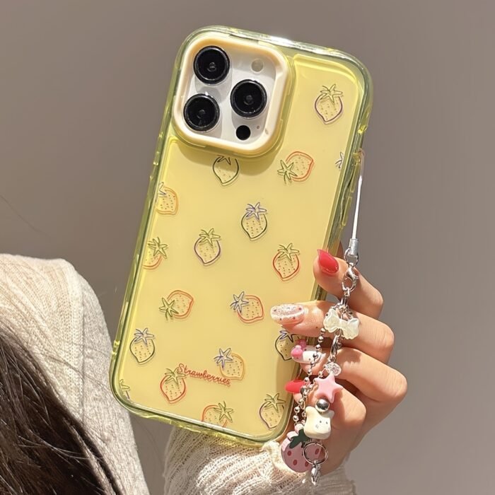 1pc of Cute Dopamine Candy Color Strawberry Jelly Pattern Ripple Jelly Round Square Solid Protective Mobile Phone Case, Suitable for Iphone16/11/13/15/15 Plus/15 Pro/15 Pro Max/12/14 Pro Max/11 Pro Max/12 Pro/12 Pro Max/13 Pro/13 Pro Max/14 Pro/14 Plus~Ripple Jelly-Yellow Shell White Frame-Strawberry 210SC+G88 Pink Grass Pendant - Image 8