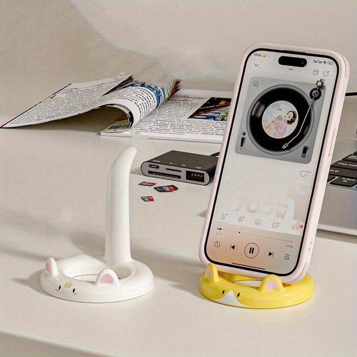 Cartoon Cat Phone Holder - Adjustable Angle, Portable Desktop Stand | Cute Cat Design Compatible with Most Phones | Multi-Functional for Watching Videos/Streaming/Making Video Calls (Yellow/White/Black) - Image 2