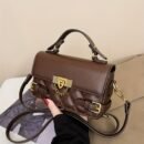 Women's Vintage Mini Handbag with Detachable Chain Strap & Pattern - Golden-Tone Hardware, Square Shape, Coffee Brown/Light Brown/White/Black - Casual & Formal Everyday Crossbody Shoulder Bag