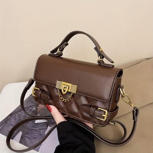 Women's Vintage Mini Handbag with Detachable Chain Strap & Pattern - Golden-Tone Hardware, Square Shape, Coffee Brown/Light Brown/White/Black - Casual & Formal Everyday Crossbody Shoulder Bag