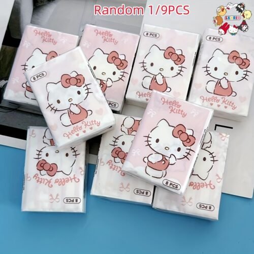 1/9 Pack Sanrio for hello kitty Tissues - Cute Pink & White Design with Hearts, 8pcs Travel-Sized Portable Facial Tissues for Home, Kitchen, Outdoor, and On-the-Go Use, Kitchen Essentials, Playful Design, Soft Texture
