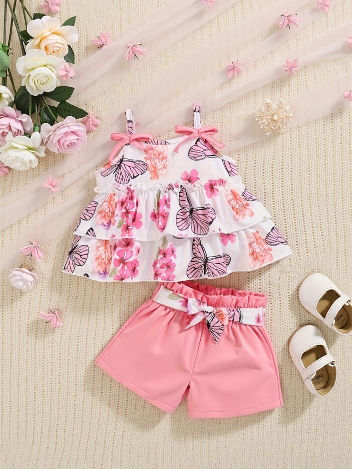 Girls' Floral Butterfly Print Ruffle Top and Belted Shorts Summer Set, Perfect for Outdoor