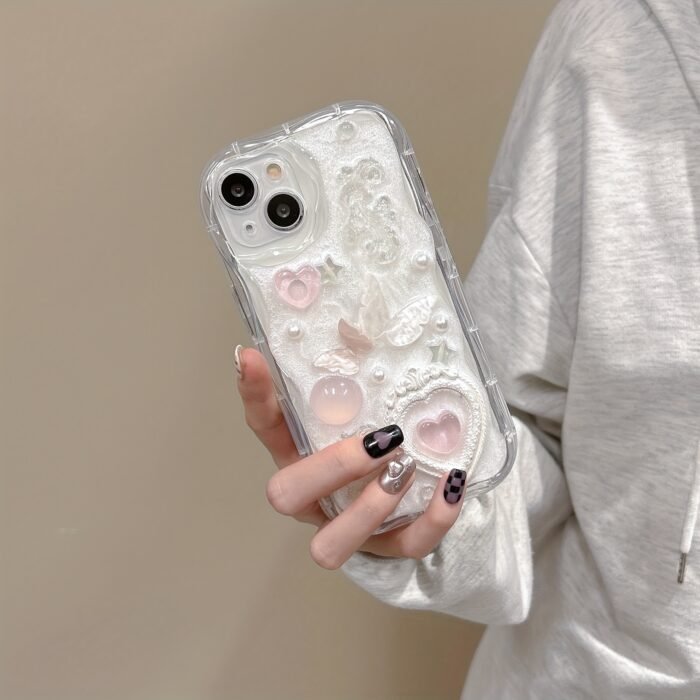 For Iphone Curved Edge Drop Glue Cream Paint Pink Heart-Shaped Butterfly Anti Drop Phone Protective Case - Image 4