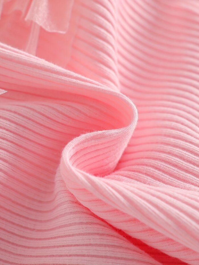 2025 New Girls' Summer Pink Thick Ribbed Round Neck Sleeveless Mesh Lace Cherry Embroidery Top with Cherry Print Bow and I-Beam Pleated Halter Skirt Set Suitable for Going Out, Perfect for Outdoor - Image 8