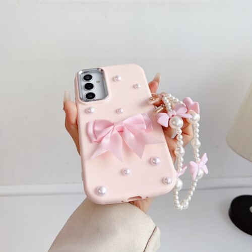 [Pink pearl] Pink pearl bow phone case | for SamSung Galaxy A14 A34 A54 A15 A25 A35 A55 S23 S23Plus S23ultra S23fe S24 S24plus S24ultra S24fe S25 S25plus S25ultra | with butterfly bracelet
