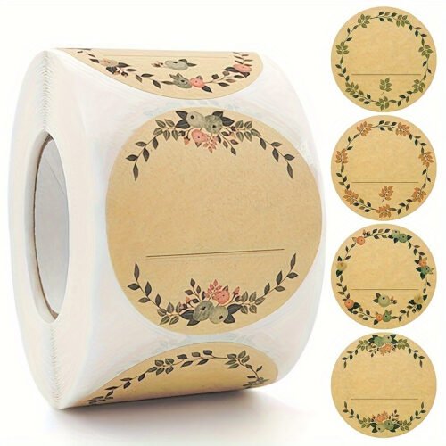 1 roll of 500 natural brown kraft paper stickers, circular wreath pattern stickers, food sticker labels (permanent adhesive), suitable for shopkeepers, handicrafts, organizing, can and can labels, foo