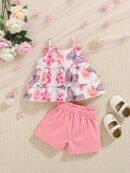 Girls' Floral Butterfly Print Ruffle Top and Belted Shorts Summer Set, Perfect for Outdoor