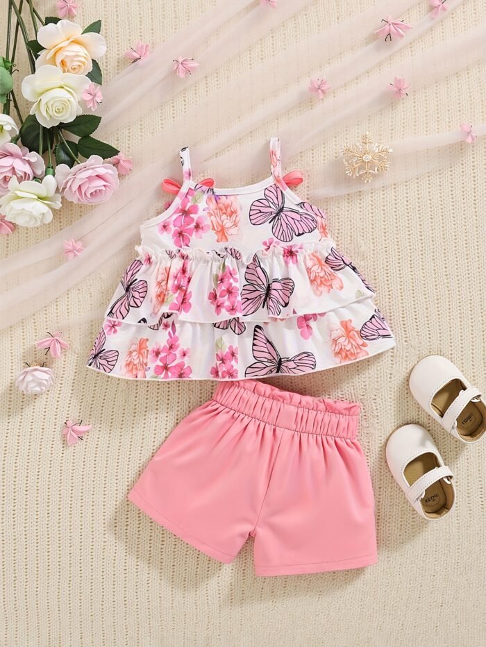 Girls' Floral Butterfly Print Ruffle Top and Belted Shorts Summer Set, Perfect for Outdoor - Image 2