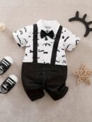 Boys' 100% Cotton Short Sleeve Romper - Mustache & Bow Tie Print with Suspenders-like Straps, Playful Cartoon Outfit for Summer, Breathable Boy Clothes (Hand Washable, Casual Everyday & Themed Events), Perfect for Outdoor