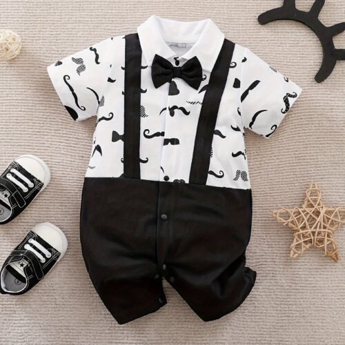 Boys' 100% Cotton Short Sleeve Romper - Mustache & Bow Tie Print with Suspenders-like Straps, Playful Cartoon Outfit for Summer, Breathable Boy Clothes (Hand Washable, Casual Everyday & Themed Events), Perfect for Outdoor