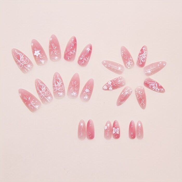 3D Cat'S Eye Frost Swirl Nail Art - Aurora Borealis Butterfly Design, Almond Shape, Medium Length, Glossy Pink Finish, Detachable Fake Nails for Elegant Manicure, Manicure Enhancement | Elegant Nail Design | Glossy Finish Nail, Nail Accessories - Image 4