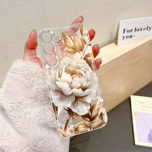 Golden Lotus Phone Case for Samsung for galaxy A02 A03S A04 A05S A06 A13 A14 A15 A16 5G A21S A22 A23 A24 A25 A26 A32 A34 A35 A36 A50 A52 A53 A54 A55 A55 A56 A73 S21 Ultra S22 Plus S23+ S24 FE S48 Cartoon Transparent Dropproof All-Inclusive TPU Phone Case Simple Fashion Shockproof Softshell Protective Case Ideas, Phone Case Protective, Designer Phone Case, Phone Protection, Modern Phone Cover, Trendy Device Accessory, Flexible Phone Shell, Protective Phone Cover, Everyday Accessories