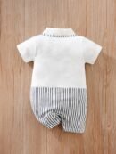 Baby Boys Casual Striped Short Sleeve Lapel Collar Romper Clothes, Suitable For Outdoor Wear