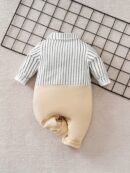 Boys' Autumn/Winter White Bow Tie Gentleman Style Long Sleeve Bodysuit with Back Straps, Perfect for Outdoor