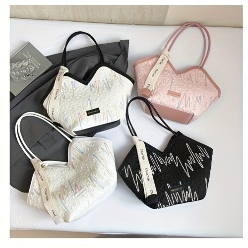 2025 Spring Summer Colorful Striped Tote Bag for Women, Lightweight Large Capacity Commuting Shoulder Bag, Abstract Artistic Versatile Underarm Bag, High Quality Nylon Portable Diaper Bag, College Style Fashion Crossbody Storage Bag