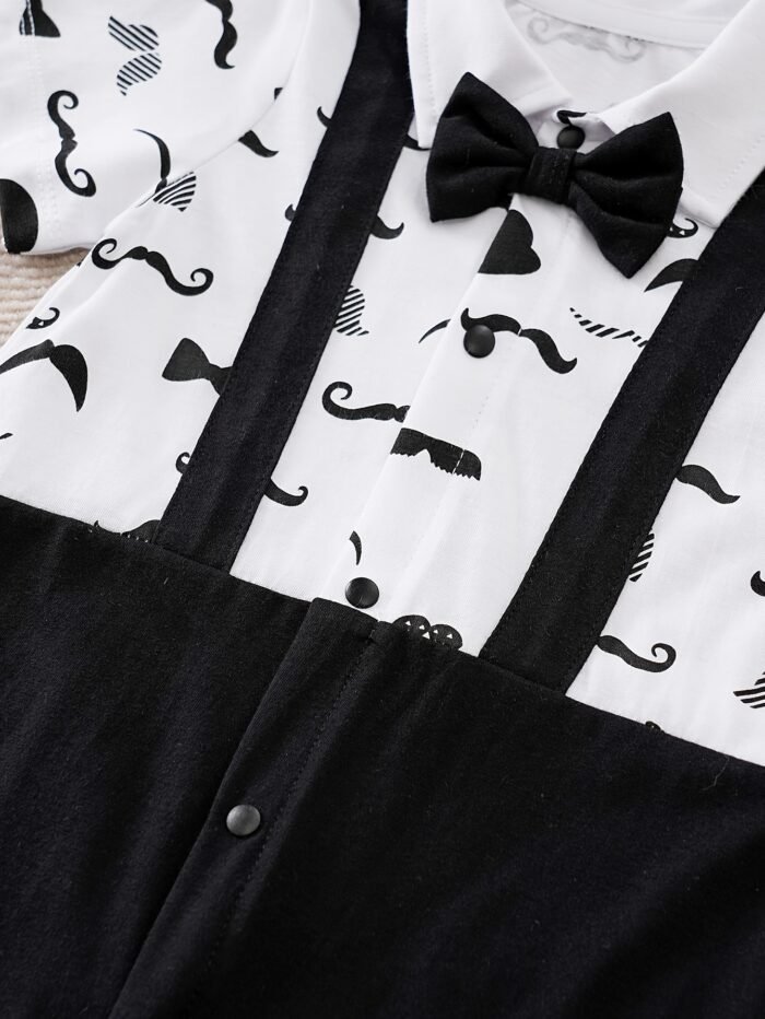 Boys' 100% Cotton Short Sleeve Romper - Mustache & Bow Tie Print with Suspenders-like Straps, Playful Cartoon Outfit for Summer, Breathable Boy Clothes (Hand Washable, Casual Everyday & Themed Events), Perfect for Outdoor - Image 4