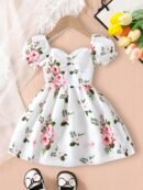 Baby Girl'S Summer Cute Bubble Sleeve White Floral Pattern Elegant Dress for Toddlers and Kids, Perfect for Outdoor