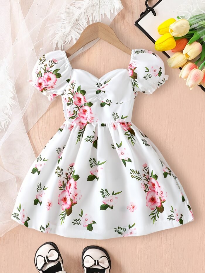Baby Girl'S Summer Cute Bubble Sleeve White Floral Pattern Elegant Dress for Toddlers and Kids, Perfect for Outdoor - Image 2