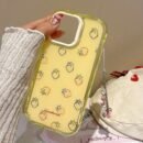 1pc of Cute Dopamine Candy Color Strawberry Jelly Pattern Ripple Jelly Round Square Solid Protective Mobile Phone Case, Suitable for Iphone16/11/13/15/15 Plus/15 Pro/15 Pro Max/12/14 Pro Max/11 Pro Max/12 Pro/12 Pro Max/13 Pro/13 Pro Max/14 Pro/14 Plus~Ripple Jelly-Yellow Shell White Frame-Strawberry 210SC+G88 Pink Grass Pendant