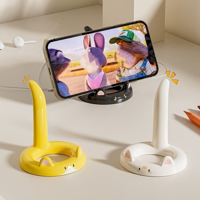 Cartoon Cat Phone Holder - Adjustable Angle, Portable Desktop Stand | Cute Cat Design Compatible with Most Phones | Multi-Functional for Watching Videos/Streaming/Making Video Calls (Yellow/White/Black) - Image 3