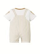 Adorable ' Cartoon Bear Striped Romper with Pockets - Comfy Short-Sleeve Overalls for Spring/Summer, Machine Washable, White & Beige Design, Summer Clothes | Functional Pocket Design, Romper, Perfect for Outdoor